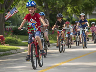 Colorful bikes and decorations fill the streets during a festive neighborhood bike parade.