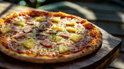 Wall Mural - Close-up of a freshly made Italian pizza Hawaii with pineapple, ham, and cheese on a wooden table outside