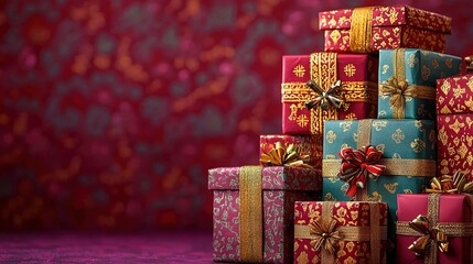 Sticker -   A tablecloth with gold and red bows covers the table, where a pile of wrapped presents rests