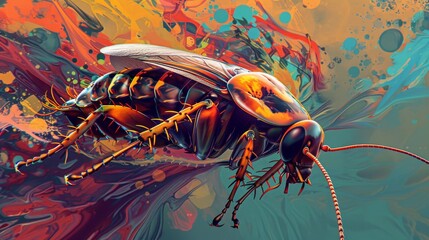 A colorful insect with a black head and orange legs. The insect is surrounded by splatters of paint, giving the image a vibrant and lively feel