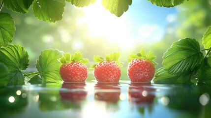 Sticker -   A group of three strawberries sits atop a table beside a lush, green tree