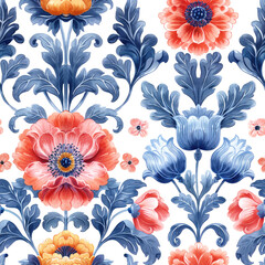 Seamless floral pattern with red and blue hues for background