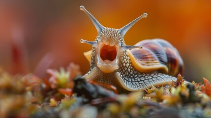 Wall Mural - A large snail with a mouth open is on a brown surface. The snail is looking up at the camera