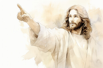 Wall Mural - Jesus Christ Pointing Up Watercolor Illustration