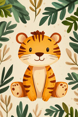 Wall Mural - Cute tiger wide leaf flat design baby room style