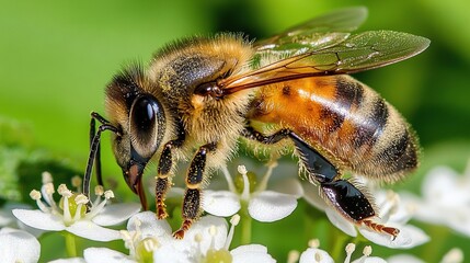 Sticker -   A zoomed-in picture of a bee hovering over a bloom, with water droplets glistening on its wings and a serene pond in the background