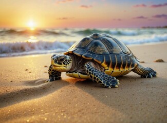 Canvas Print - A turtle walks on the beach at sunset. AI.