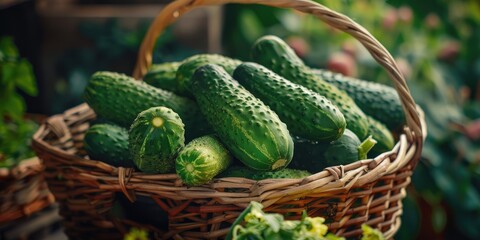 Canvas Print - Fresh cucumber in a wicker basket