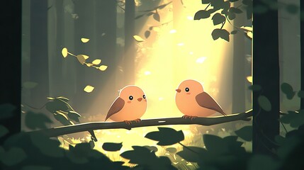 Poster -   A pair of birds perched atop a tree limb, surrounded by a lush forest canopy of numerous leaves