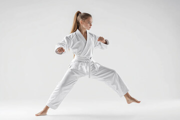 Young girl demonstrates powerful taekwondo kick during training session in a bright studio