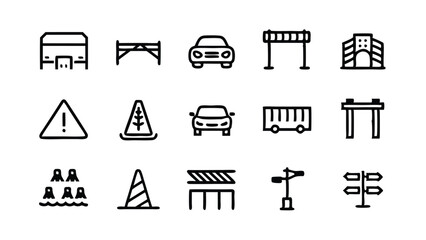 A set of road line icons depicting different traffic signs, road barriers, cars, and road infrastructure.