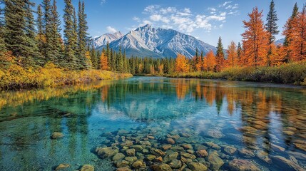 Poster -   A serene lake enveloped by trees and boulders amidst a lush forest, set against the picturesque backdrop of a majestic snow-capped mountain