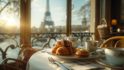 French croissants for breakfast on a restaurant table with a view of Paris