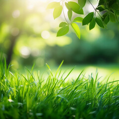 Close-up photo of green grass with blurred garden background