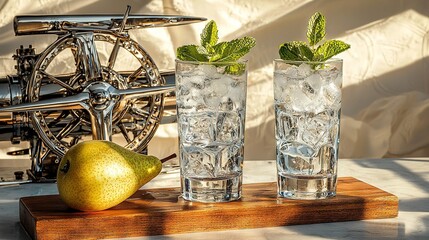 Sticker -  Two glasses of water, a pear, wooden board, machine, and clock