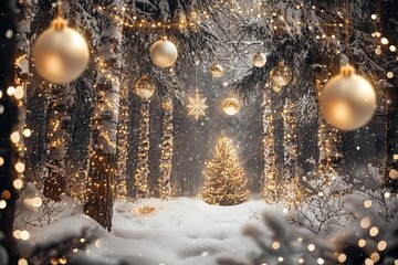 Winter woodland scene with a decorated Christmas tree surrounded by snow and festive lights at dusk