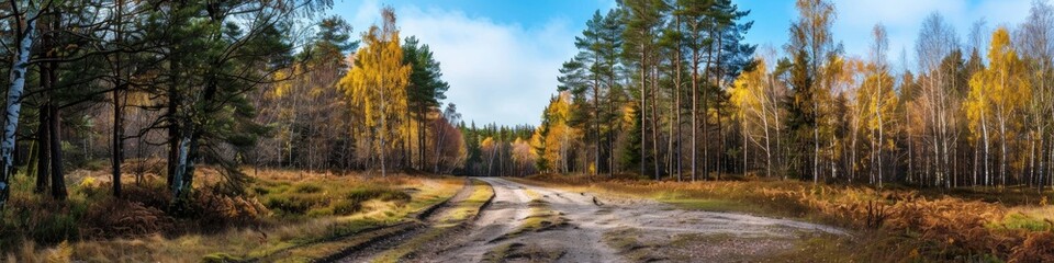 Sticker - Wooded path through an open area beneath a clear blue sky