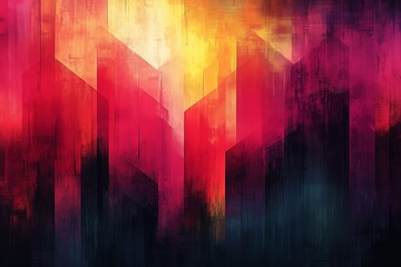 Poster - Abstract geometric pattern with vibrant hues of pink, orange, and yellow blending against a dark background