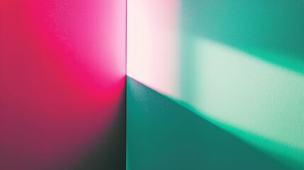 Poster - Vibrant geometric background with pink, green, and white walls lit by sunlight, creating a play of light and shadow, adding elegance to the modern interior space