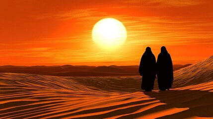 Poster -   A few people stand on a beach beside a surfboard, with an orange sky in the background