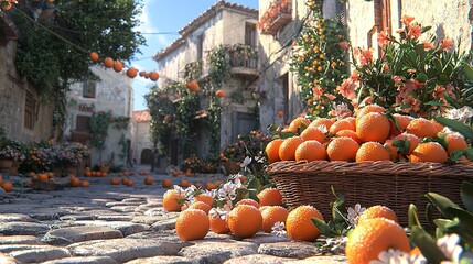 Poster -   Oranges in a basket on cobblestone road, beside stone building