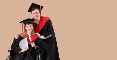 Wall Mural - Happy graduating students on beige background with space for text