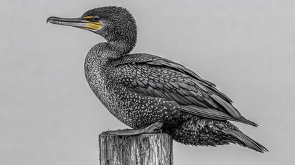 Poster -   A grayscale picture displays a pelican sitting on a wooden pole against a monochromatic sky