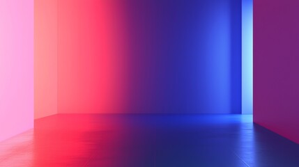 Poster - Empty room is bathed in vibrant pink and blue light, creating a modern and abstract backdrop. The glossy floor reflects the colorful illumination, adding depth to the scene