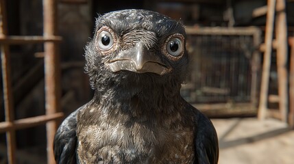 Poster -   A close-up of a bird on its head inside a cage, with the cage visible in the background