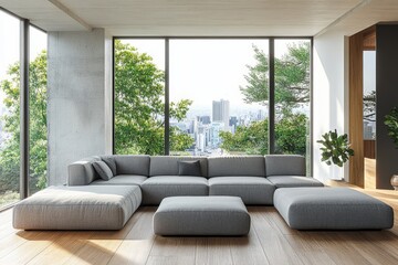 Wall Mural - Spacious modern living room with minimalist decor and city view in daylight