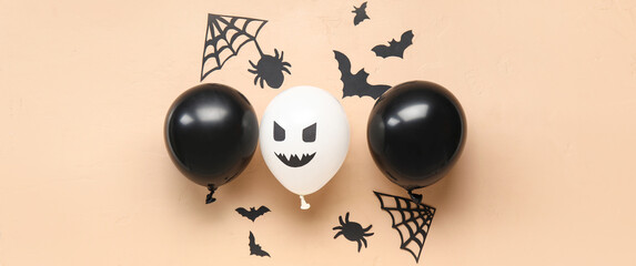 Sticker - Different funny Halloween balloons with paper bats and spiders on beige background