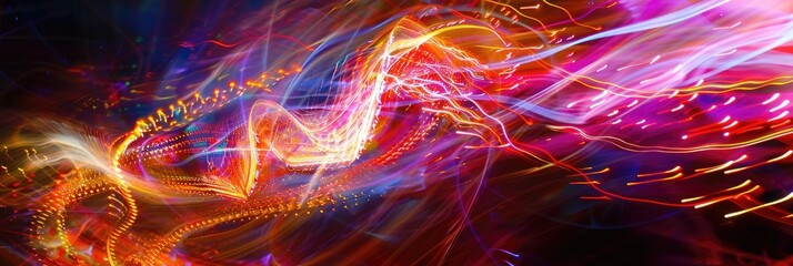 Leinwandbilder - Swirling light waves in the atmosphere Dynamic light effects with motion blur Innovative camera technique showcasing party energy Vibrant burst of creativity Unique and captivating