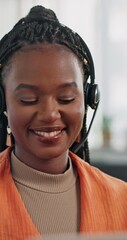 Canvas Print - Face, laptop and customer service with a black woman closeup in her home call center for support. Computer, remote work and virtual assistant with a young employee consulting for crm communication