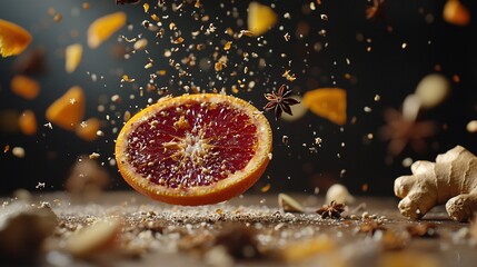 Sticker -   A close-up image of a grapefruit cut in half with a spider crawling on the side