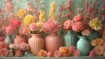 Wall Mural - Floral Still Life with Pastel Vases