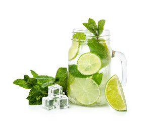 Wall Mural - Mason jar of tasty mojito and ingredients on white background