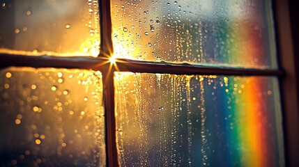 Wall Mural -  Raindrops on window, sun shining through, rainbow in background