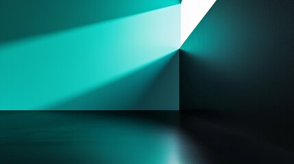 Poster - Single beam of light shines on a vibrant turquoise wall, casting the room into darkness, creating mystery and opportunity. The modern design is highlighted by light and shadow, adding drama