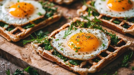 Wall Mural -   A few waffles on a wooden cutting board with eggs on top and green herbs as garnish