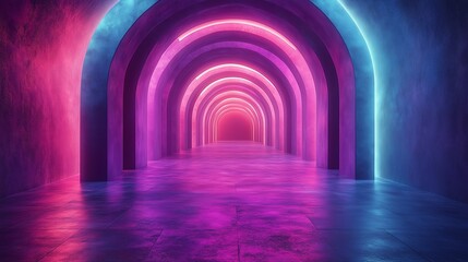 Poster - colorful illuminated tunnel with glowing arches in a surreal atmosphere