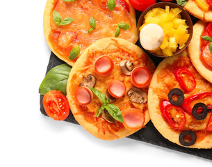 Poster - Board with different tasty mini pizzas on white background