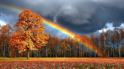 Poster -   A radiant rainbow illuminates the clear sky above a beautiful field brimming with blossoms and fallen foliage