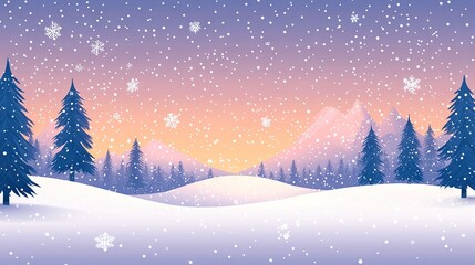 Sticker -   A snow-covered landscape with trees in the foreground and a towering mountain in the background, adorned with falling snowflakes