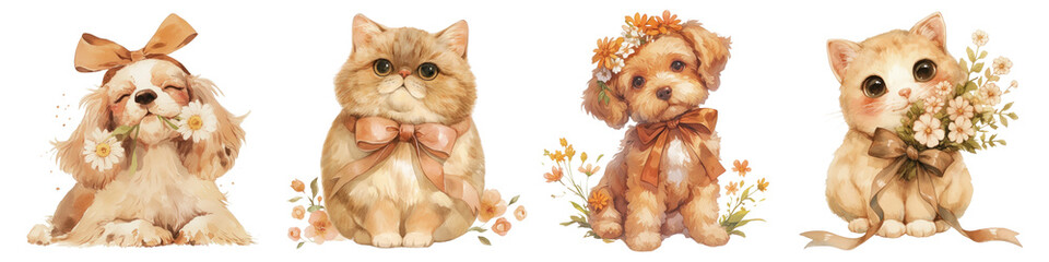 brown coquette dog and cat png cut out element set