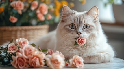 Wall Mural - Cat Holding a Rose