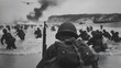 © A2Z AI  - Digitally restored vintage World War II photo of American troops wading ashore on Omaha Beach during the D-Day invasion on June 6, 1944.