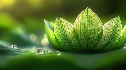 Wall Mural - a close-up of a green leaf with water droplets on its bottom