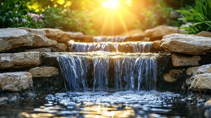 Poster -   A tiny waterfall surrounded by rocks in a pond, illuminated by the sun above