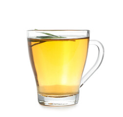 Wall Mural - Glass cup of hot rosemary tea on white background