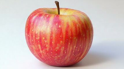   A red apple with yellow speckles and a brown stem protruding from its side